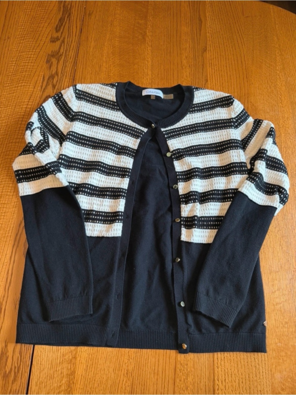 Calvin Klein Navy and White Striped Knit Cardigan